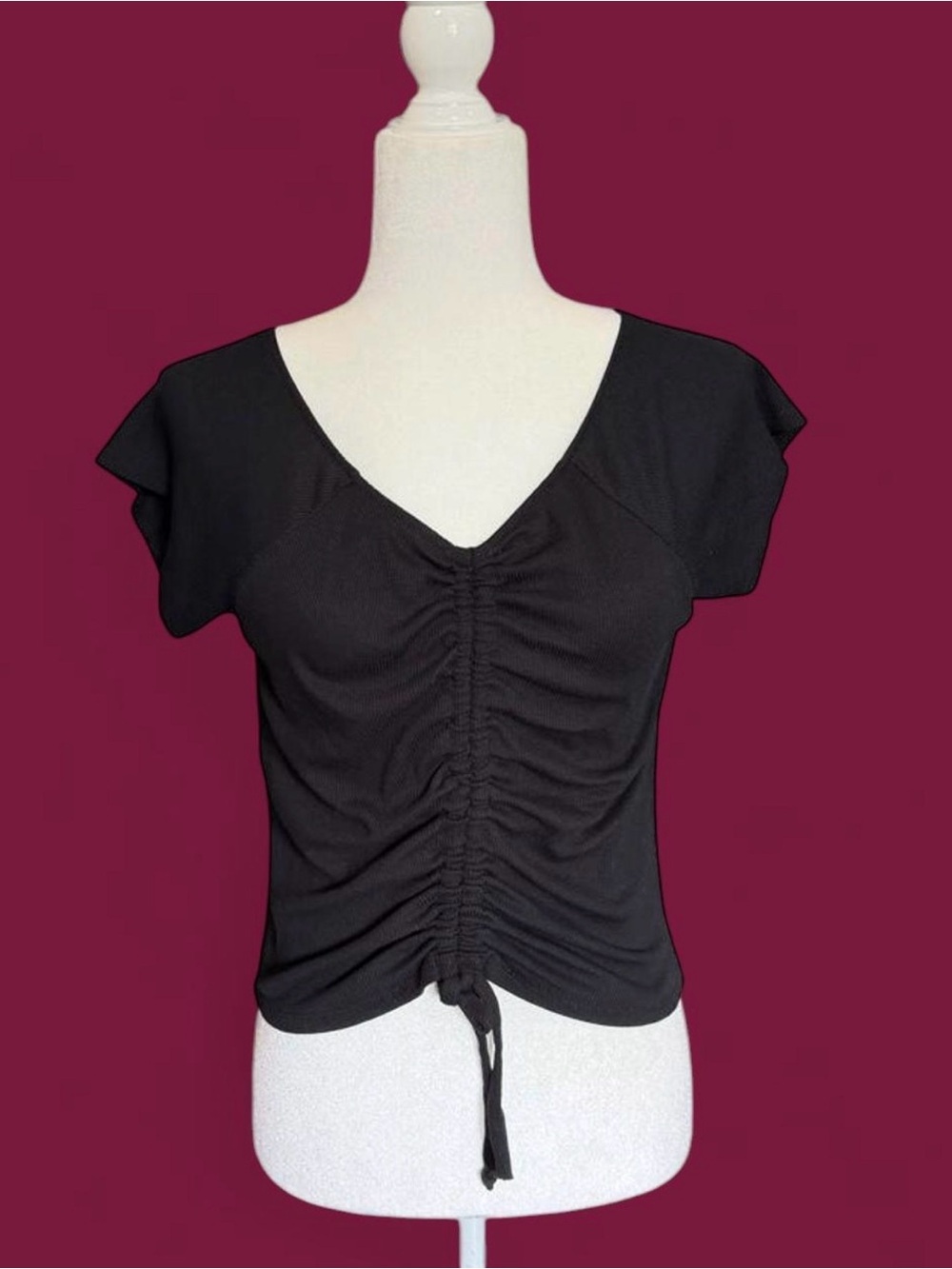 Dark Romantic Black V-Neck Ribbed Top with Ruched Center